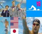 Плавательный мужчины 100 метров на спине подиум, Мэтт Grevers, Ник Thoman (Соединенные Штаты) и Рёсукэ Айри (Япония) - Лондон-2012-